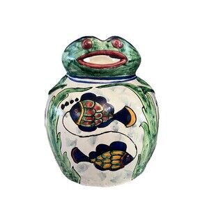 Mexican Pottery Lady Frog Pitcher Jug Talavera Folk Art Hand Made Large 11" H